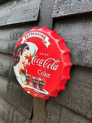 Wall Art/sign Coca-Cola Lady Retro/Vintage Tin Metal 30cm Bottle Top Bar Pub. • £11.99