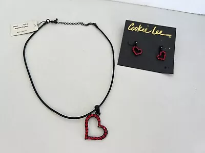 Cookie Lee Jewelry Red Heart Shaped  Necklace & Earrings Austrian Crystal 25041 • $36