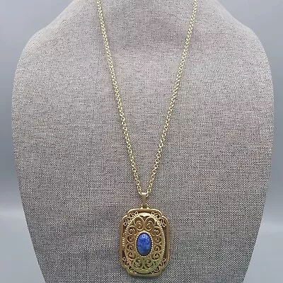 Vtg Avon Locket Necklace Yesteryear Gold Tone Faux Lapis Cabochon Filigree • $24.99