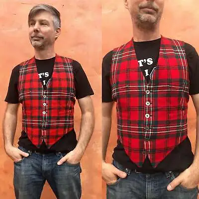 Vintage Men's Vest Waistcoat Red Plaid Tartan Wool Christmas Holiday Scottish 40 • $29.99