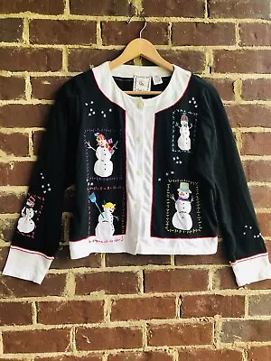 Vtg Michael Simon Lite M Womens Crop Cardigan Snowman Theme Top White Black • $29.99