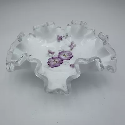 VTG Fenton Milk Glass Silver Crest Hand Painted Pink Floral Ruffled Dish / Bowl • $23.95