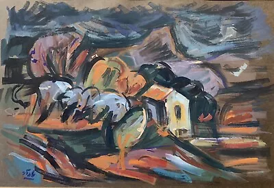 Vtg Gouache Painting Abstract Landscape MCM Modernist Israel Signed 1960s • $155