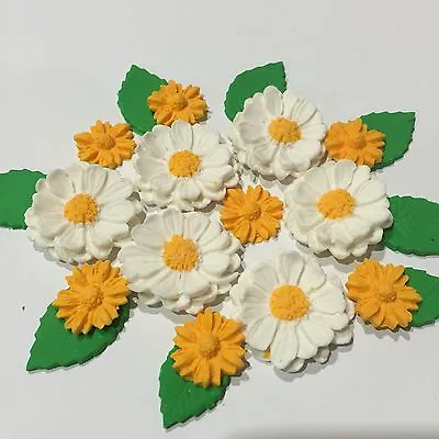Edible Sugar Double Petal Daisies Bouquet  Cake Cup Cake Toppers-yellow X 21 • $23