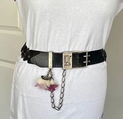 Vintage Galliano Black Distressed Leather Feather Chain Belt Size 90cm • $215