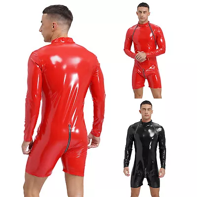 US Mens Wetlook Leather Front Zipper Jumpsuits Leotard Bodysuit Catsuit Clubwear • $6.99