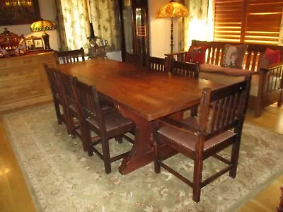 Superb Antique Mission Arts & Crafts Quarter Sawn Oak Dining Table Eight Chairs • $2995