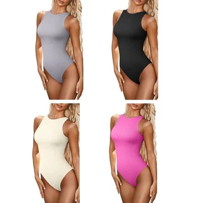 £11.88 • Buy Women Halter Neck Thong Bodysuit Sleeveless  Top Rib Knit Bodycon Jumpsuit