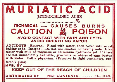 Vintage Pharmacy Label MURIATIC ACID (HYDROCHLORIC ACID) Poison W/ Skull & Bones • $39.70