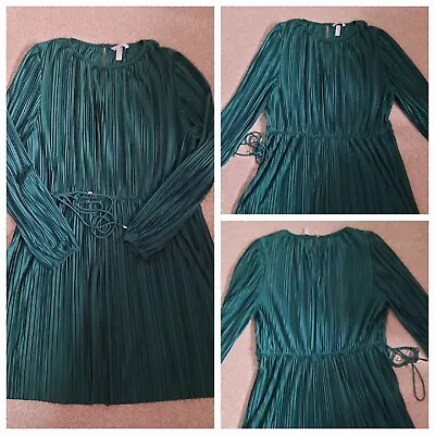 Green Long Sleeves H & M Micro Pleated Jersey Elasticated Waist Dress Size UK XL • £10