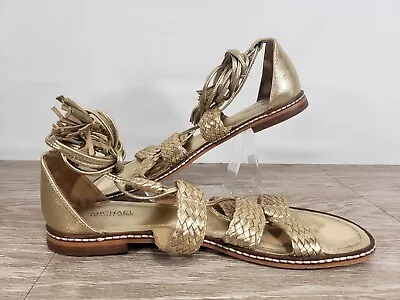 Michael Kors Women's Monterey Sandals Size 7.5 Gold Gladiator Flar Lace Up Flat • $34.95