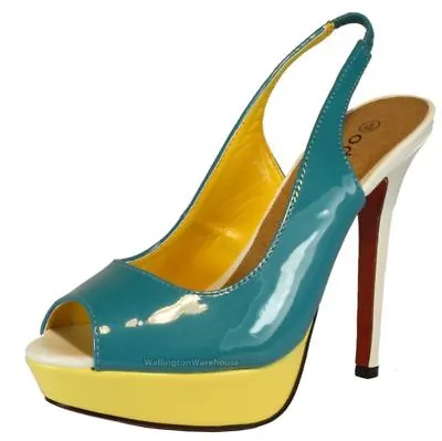 Odeon Patent Heels LP3440 Turquoise Buckle Peep Toes Ladies High Heel Shoes • £19.99