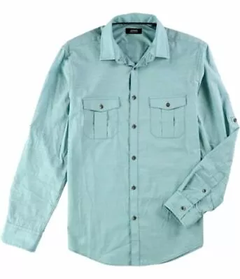 ALFANI Aqua Blue Dual Pockets Front Button Roll Tab Long Sleeve Shirt Medium M • $17