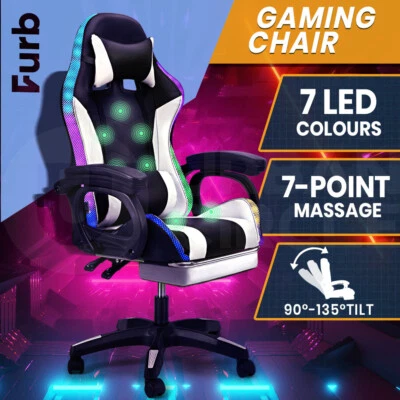 Furb Gaming Chair  2/7-Points Massage RGB LED Recliner Leather Office Chair • $179.95