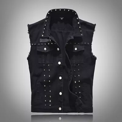 Men Denim Biker Waistcoat Jeans Gilet Ripped Rivet Vest Tops Sleeveless Jacket • $61.97