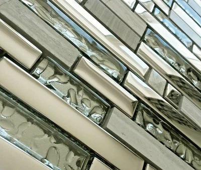 £8.98 • Buy Luxury Grey Stone Chrome Silver Metal & Glass Rectangle Mosaic Wall Tiles 8mm