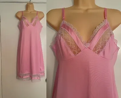 $9.99 • Buy Vtg Sweet Pink Vanity Fair Full Slip Dress 36 M Shiny Nylon Sheer Lace