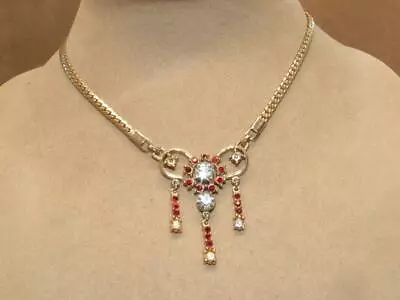 Red & White Rhinestone Fixed Bow Pendant 15  Chain Choker Necklace Mazer Bros ? • $50