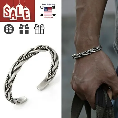 Men Sterling Silver Cuff Open Bracelet Retro Twisted Braided Gift For Boyfriend • $7.99