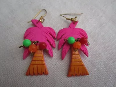 VTG Wood Pink/Orange Palm Tree Beaded Pierced Hook Earrings AG23-8 • $8