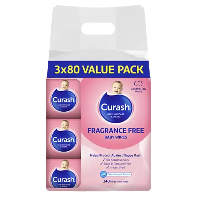 Curash Baby Wipes Fragrance Free 3 X 80 Value Packs Soap & Paraben Free • $20.87