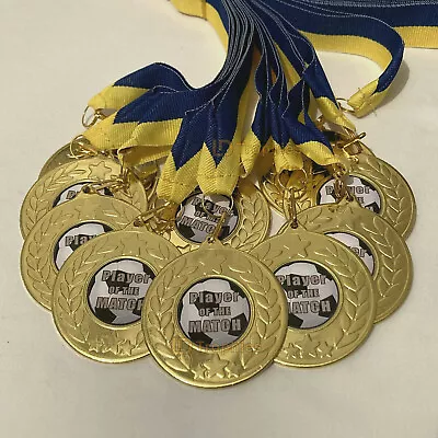 10 Player Of The Match Medals With Blue & Yellow Ribbons Gold Football Medals • £14.50