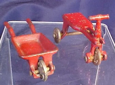 2 Vintage Kilgore Cast Iron Toys Scooter Wheelbarrow Red Paint • $35