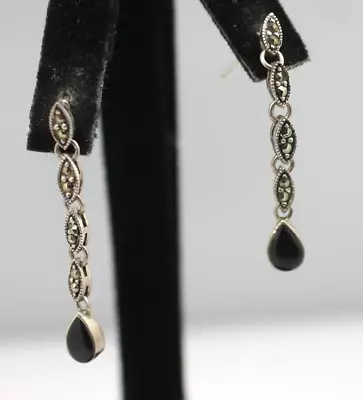 Vintage 925 Sterling Silver Black Onyx Tear Drop Marcasite Stone Earrings Posts • $6.50