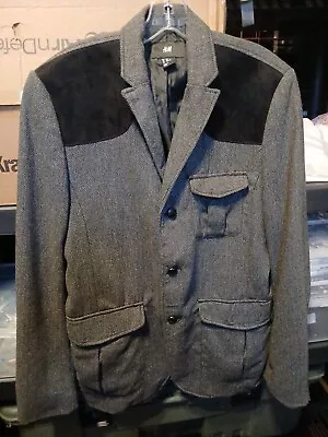 H&M Blazer Jacket Mens 42R Gray Three Button Half Elbow Patch Wool Polyester • $29.23