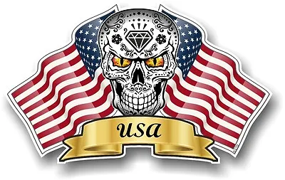 Mexican Sugar Skull & American Stars & Stripes US Flags Vinyl Car Helmet Sticker • £2.83