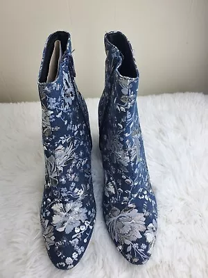 Merona Arie Blue Denim Silver Metallic Floral Brocade Booties Ankle Boots Sz 10 • $39.50