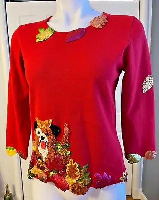 Michael Simon EVENT WMS Sweater Sz S-2003 Lightweight 3/4 Sequin Dog Fall Leaves • $62