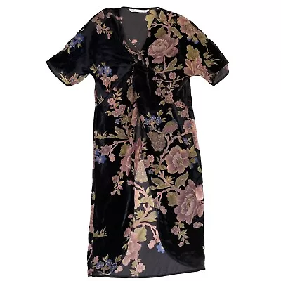 ZARA Kimono Duster Womens Medium Black Floral  Short Sleeve • $19.95