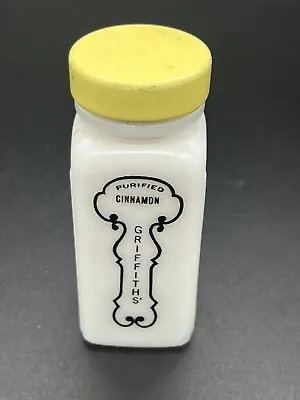 Vintage GRIFFITH'S PURIFIED CINNAMON Milk Glass Spice Jar Yellow Lid • $6.95