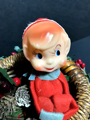 Vintage 8” Knee Hugger Christmas Elf – Red Pajamas – Cute Little Round Face • $15