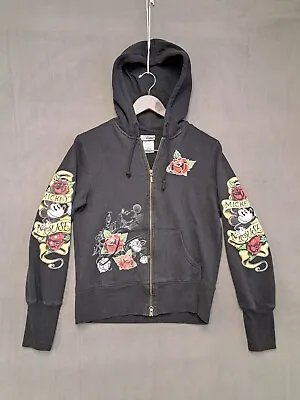 Women's Disney Mickey Mouse Ed Hardy Rose Tattoo Sz Large Black Hoodie Jacket. • $28.49