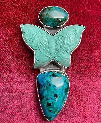 AKR Amy Kahn Russell Sterling Green/Blue Gemstone Butterfly Pin/Pendant 2 5/8  • $272.55