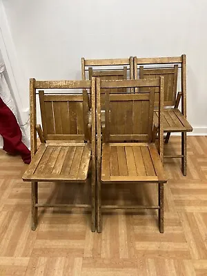 Vintage Wood FOLDING CHAIR SET Of 4 Dining Wedding Church Slat Primitive Country • $129.99