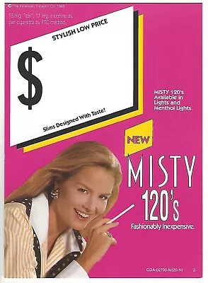 1993 Original Misty 120's Cigarettes Heavy Paperboard Store Display Sign • $4.99