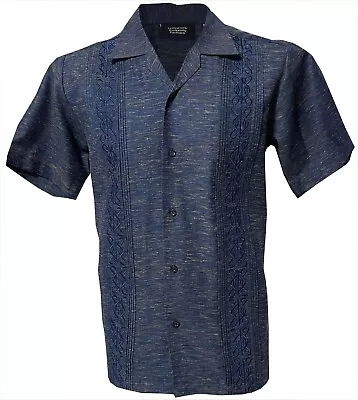 £29.99 • Buy Men's Retro Vintage Guayabera Embroidered Shirt Blue/Gold Fleck
