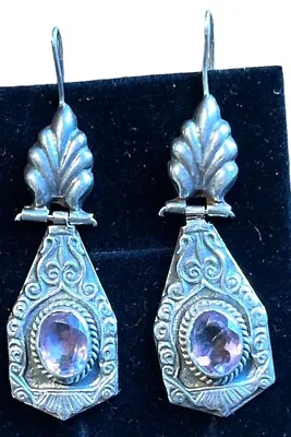 Vintage Art Deco Design 925 Sterling Silver Amethyst Marcasite Earrings • $25