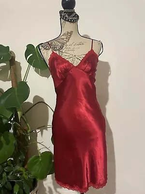 Vintage Y2k 2000s Red Silky Satin Slip Lace Trim Mini Slip Dress S Fairy Goth • $40