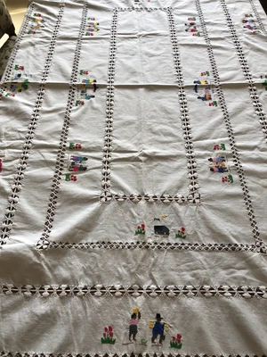 £25 • Buy Vintage French Cotton Embroidery & Drawn Threadwork Tablecloth 