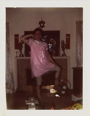 1970s Color POLAROID Sexy TATTOO Man POSES Wearing PINK NIGHTGOWN Cross Dressing • $7