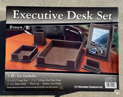 New Novimex Fashion Vintage 5 Piece Executive Desk Set NIB Brown Faux Leather • $49