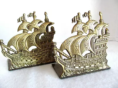 Vintage BRASS Sailing Ship Bookends - Nautical - Pirate Ship? • $22.99