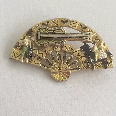 Vintage Damascene Toreador Matador Bull Fighting  Spanish Guitar Fan Brooch • £11.99