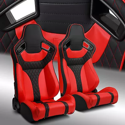 Universal Main Black+Red Side PVC Leather Sport Reclinable Racing Seats Pair • $320.98