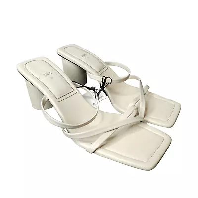 ZARA Sandals Womens 8 White Square Toe Cone Heel Strappy Slip On NWT Bride • $9.90