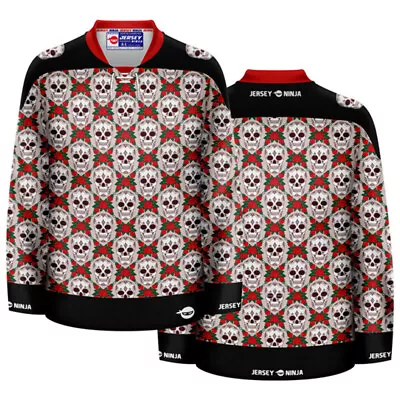 Dia De Los Muertos Skulls & Roses Ugly Sweater Holiday Hockey Jersey • $99.95